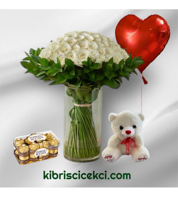 Vazoda 71 Beyaz Gül Ayıcık 16'lı Ferrero Çikolata Kalp Helyum Balon